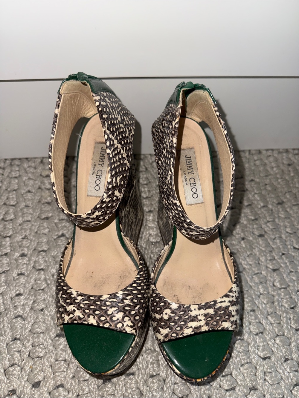 Jimmy Choo Tri Color Snakeskin and Patent Leather Wedge Sandals